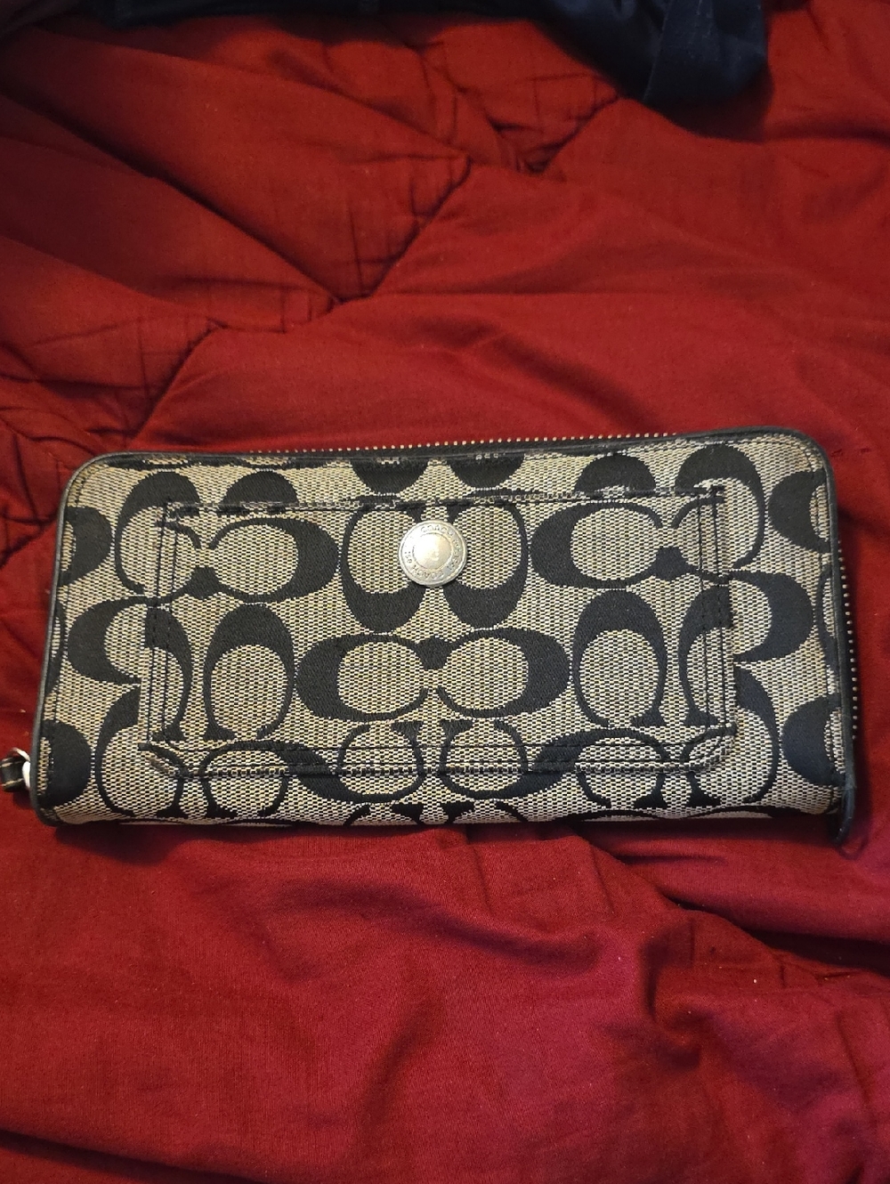 Coach Signature Canvas Zip Wallet in Black and Taupe